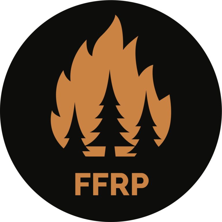 FFRP Logo with the letters FFRP in orange atop a black circle with orange flames above. there are three trees before the orange flames.