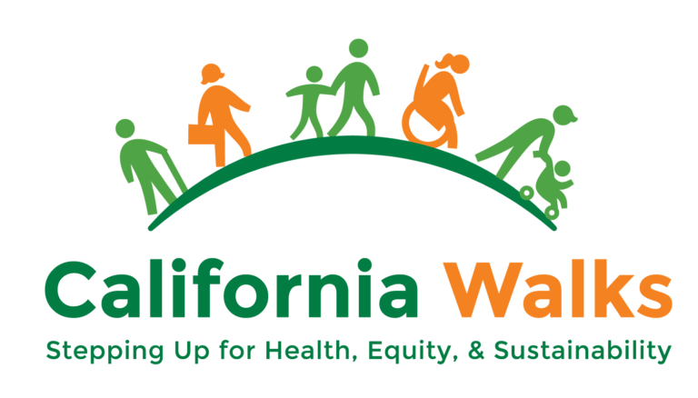 California Walks logo with a green line in a slight arch with lots of different people walking and using a wheelchair in silhouette in green and orange.